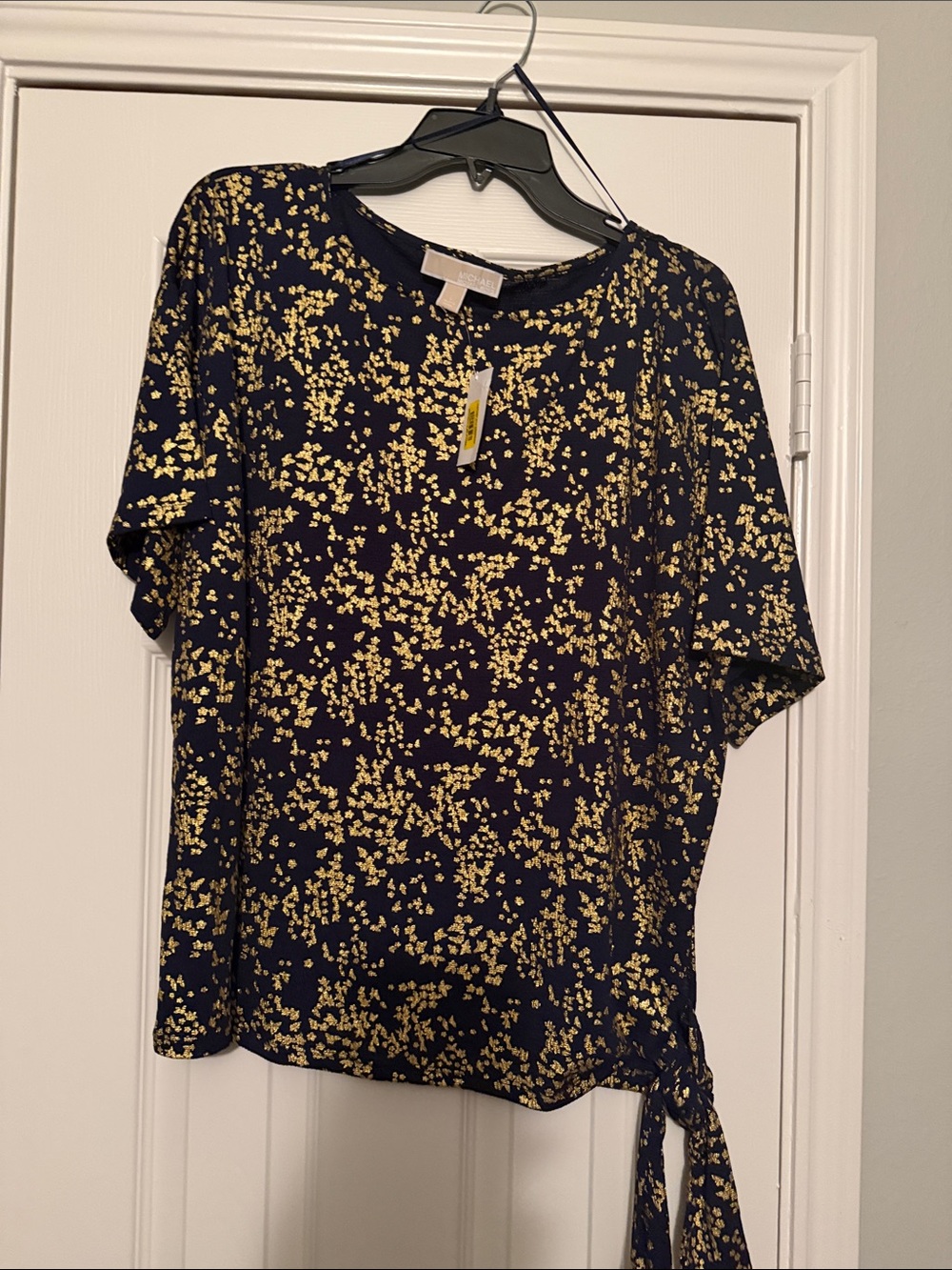 MICHAEL Michael Kors Navy Short-Sleeve Tee with Yellow Floral Tie Hem